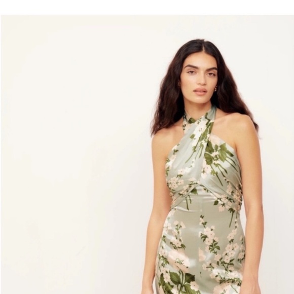 Reformation Veria Silk Halter Maxi Dress in Green and Cream - Picture 2 of 3